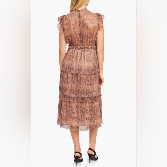 💘 Metallic Snakeskin Print Tiered Ruffle Midi Dress Anthro Rose Gold - Picture 2 of 9